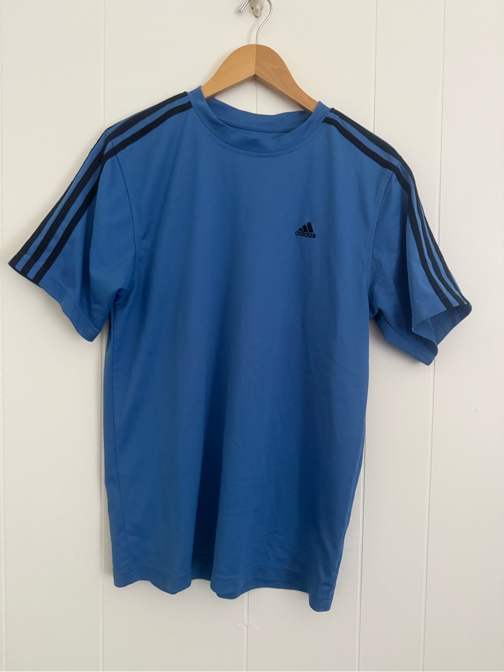 adidas Blue Short-Sleeve Athletic Tee with Black Stripe Accents